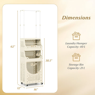 4-Tier Laundry Cart Folding Hamper with Hanging Bar and 8 Hanging Hooks