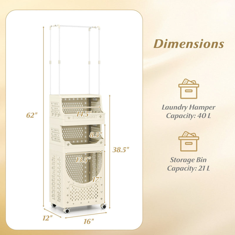 4-Tier Laundry Cart Folding Hamper with Hanging Bar and 8 Hanging Hooks