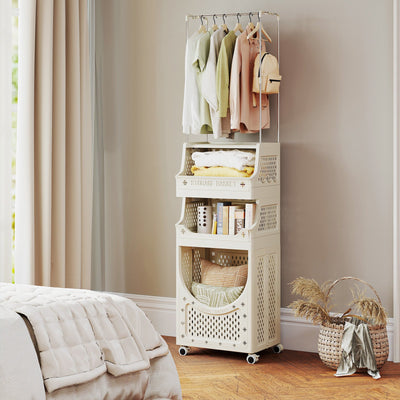 4-Tier Laundry Cart Folding Hamper with Hanging Bar and 8 Hanging Hooks