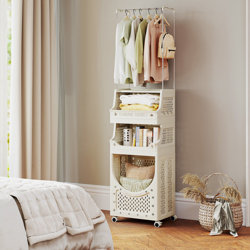 4-Tier Laundry Cart Folding Hamper with Hanging Bar and 8 Hanging Hooks