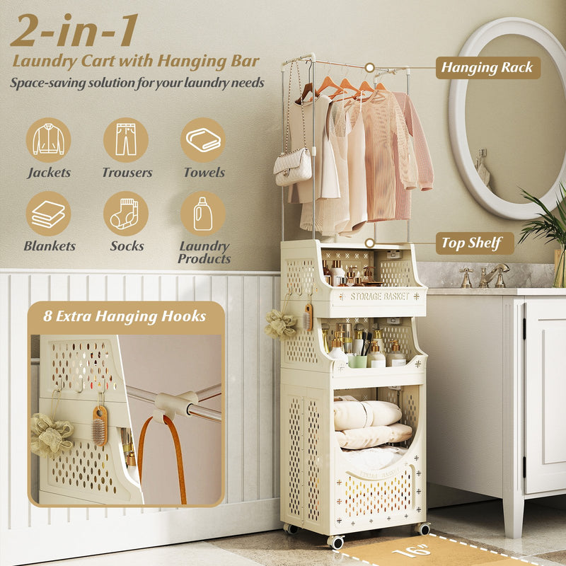 4-Tier Laundry Cart Folding Hamper with Hanging Bar and 8 Hanging Hooks