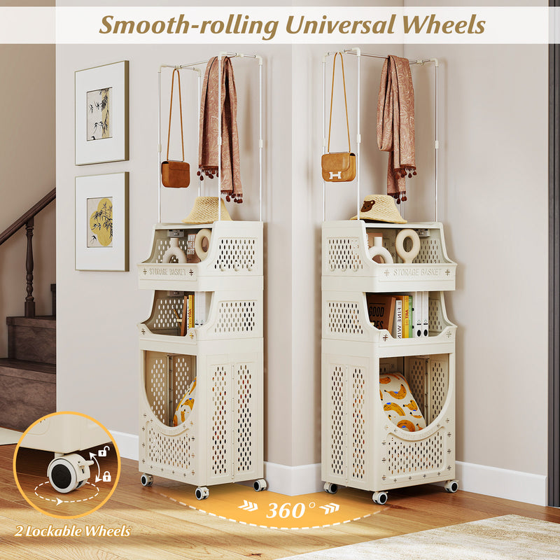 4-Tier Laundry Cart Folding Hamper with Hanging Bar and 8 Hanging Hooks