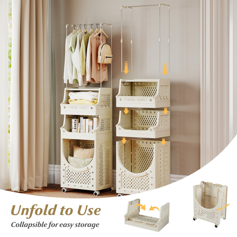 4-Tier Laundry Cart Folding Hamper with Hanging Bar and 8 Hanging Hooks