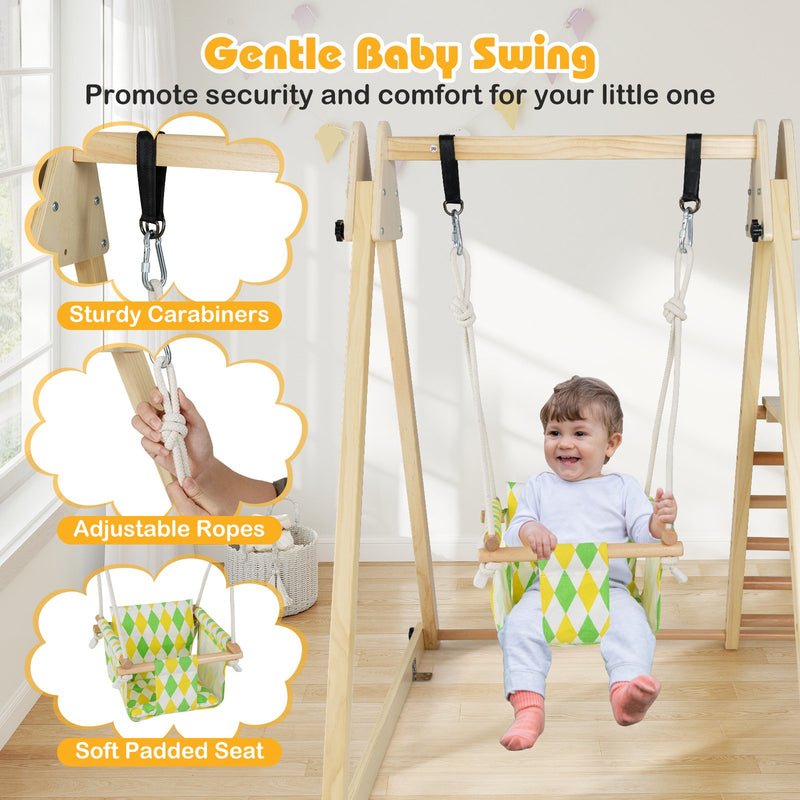 4-in-1 Indoor Jungle Gym with Baby Swing and Climbing Ramp-Natural