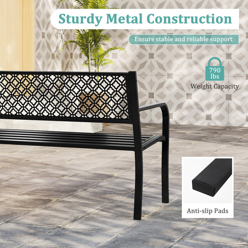 50 Inches Outdoor Garden Bench with Geometric Lattice Backrest and Slatted Seat-Black