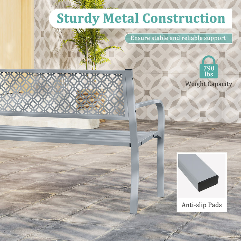 50 Inches Outdoor Garden Bench with Geometric Lattice Backrest and Slatted Seat-Gray