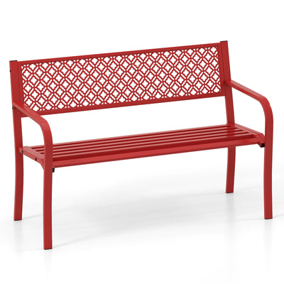 50 Inches Outdoor Garden Bench with Geometric Lattice Backrest and Slatted Seat-Red