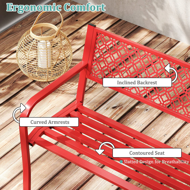 50 Inches Outdoor Garden Bench with Geometric Lattice Backrest and Slatted Seat-Red