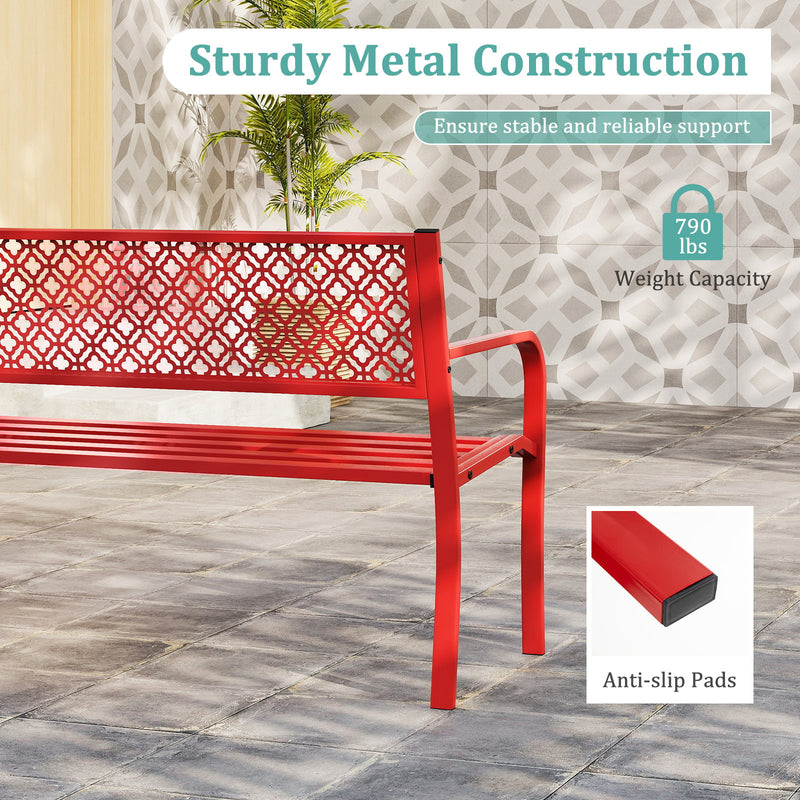 50 Inches Outdoor Garden Bench with Geometric Lattice Backrest and Slatted Seat-Red