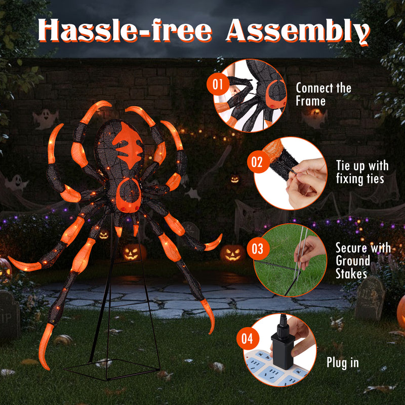 52 Inch Halloween Spider Decoration with 16 Flickering Warm White LEDs