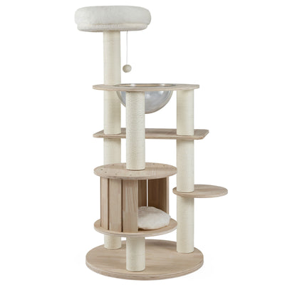 52 Inches Tall Wooden Cat Tree with Washable Plush Cushions and Multi-Level Climbing Stand