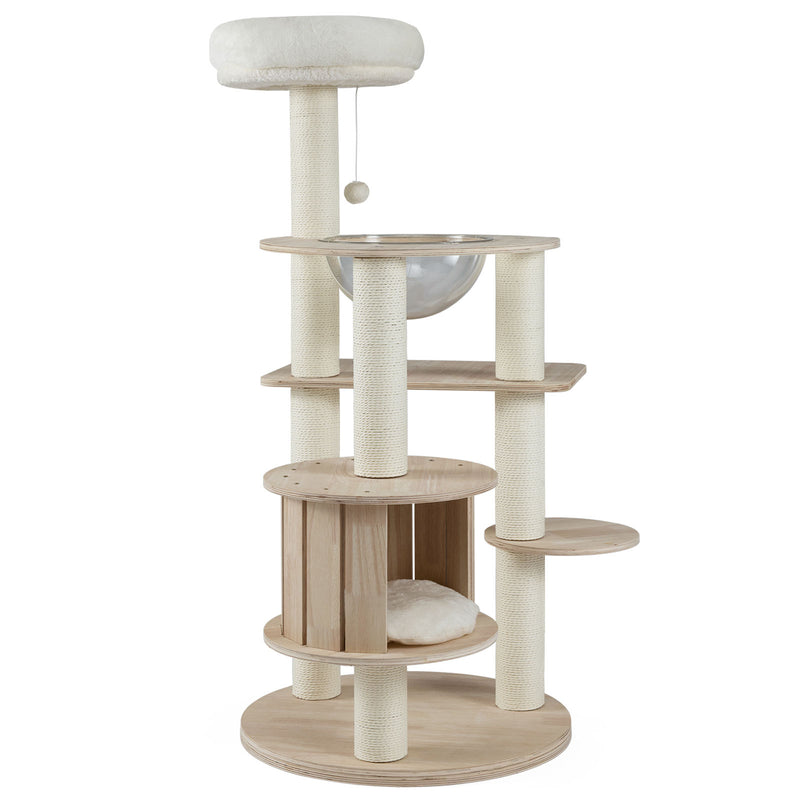 52 Inches Tall Wooden Cat Tree with Washable Plush Cushions and Multi-Level Climbing Stand