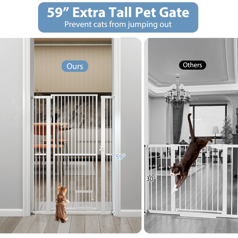 59” Extra Tall Pet Gate Heavy-Duty Metal Cat Gate with Wide Opening-White