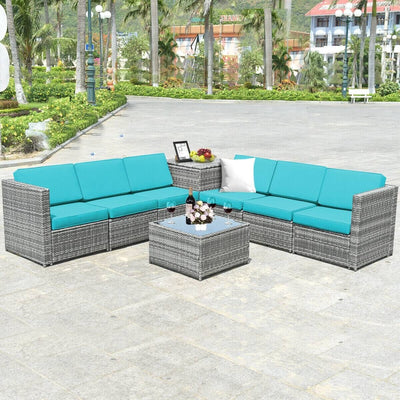 8 Piece Wicker Sofa Rattan Dinning Set Patio Furniture with Storage Table-Turquoise