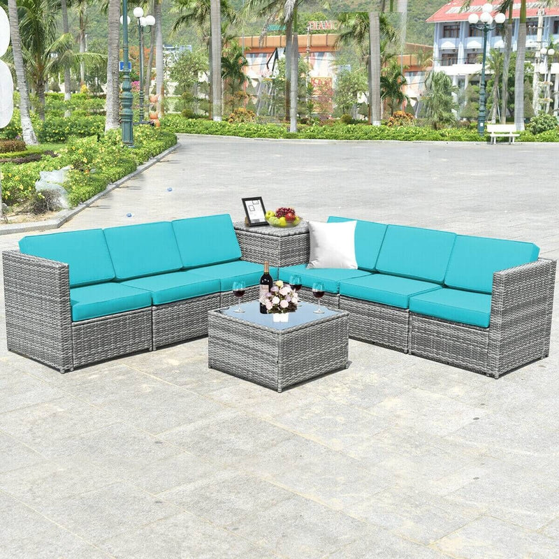 8 Piece Wicker Sofa Rattan Dinning Set Patio Furniture with Storage Table-Turquoise