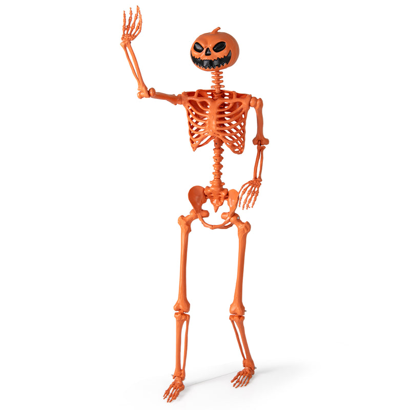 5.2 FT Orange Life-Size Poseable Halloween Skeleton with Pumpkin Head and Movable Joints
