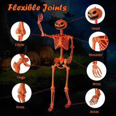 5.2 FT Orange Life-Size Poseable Halloween Skeleton with Pumpkin Head and Movable Joints