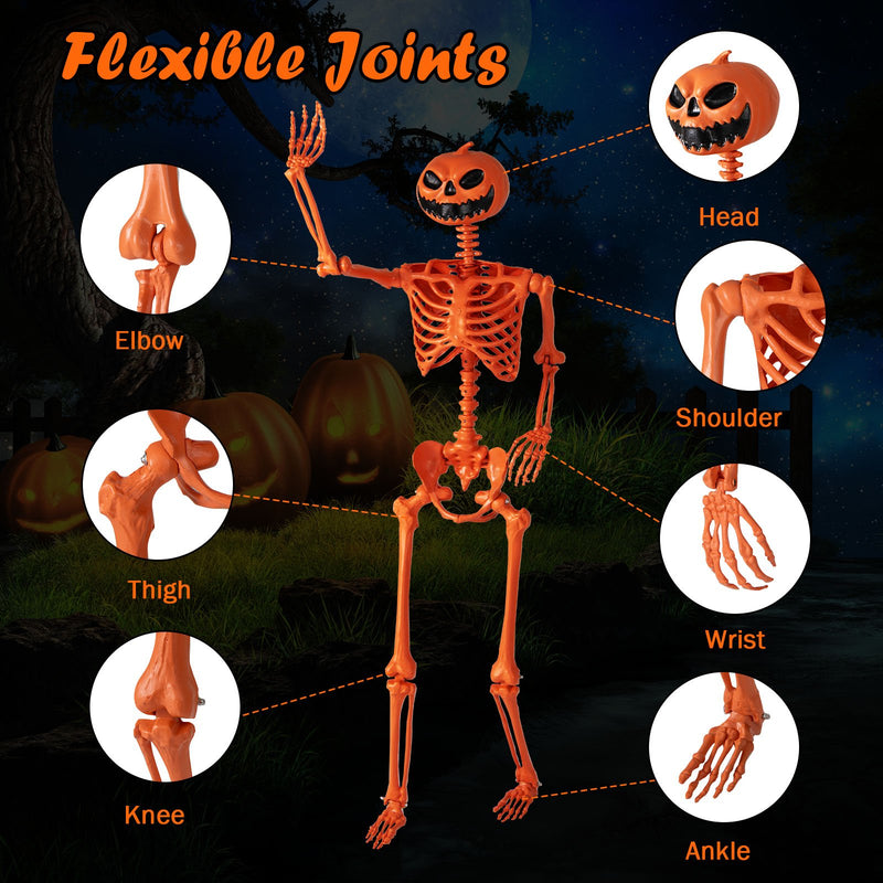 5.2 FT Orange Life-Size Poseable Halloween Skeleton with Pumpkin Head and Movable Joints
