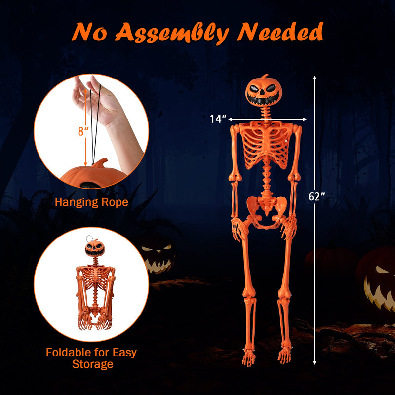 5.2 FT Orange Life-Size Poseable Halloween Skeleton with Pumpkin Head and Movable Joints