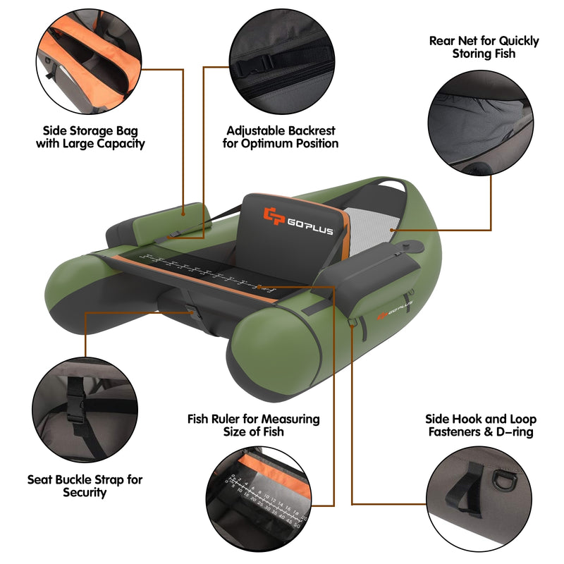 *Inflatable Fishing Float Tube with Pump Storage Pockets and Fish Ruler - Green