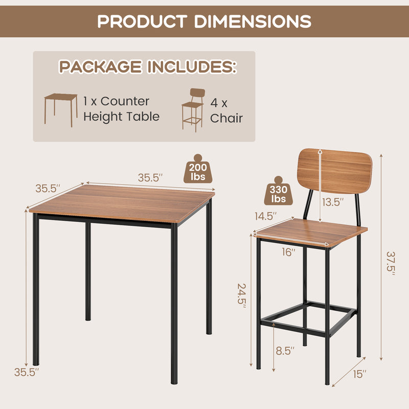 5-Piece Industrial Dining Table Set with Counter Height Table and 4 Ba
