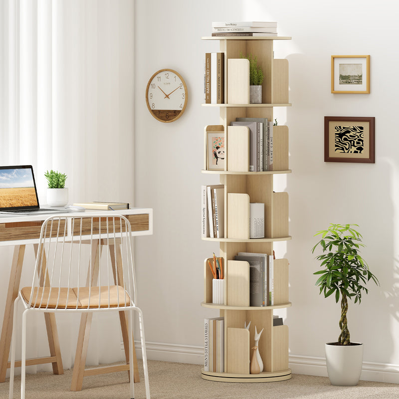 5-Tier Rotating Bookshelf 360° Display Rack with Dividers and Anti-fal