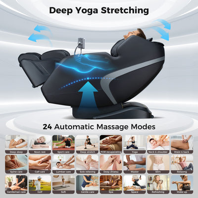 Mega Sale-Costway-4D SL-Track Full Body Massage Chair w/ Zero-Gravity Design, Heated Shawl, Neck & Back & Feet Heater, Calf & Foot Rollers,Magic Calf Rollers, Voice Control, Yoga Stretching, Smart Body Scanning, Touch Screen, Blue-tooth Speaker