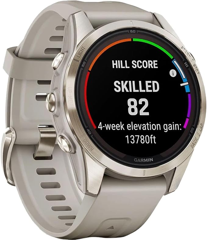 *Garmin Fēnix 7S Pro Sapphire Solar, Multisport GPS Smartwatch, Built-in Flashlight, Solar Charging Capability, Soft Gold with light sand band