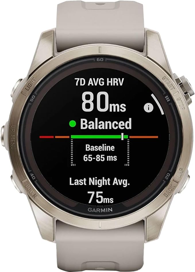 *Garmin Fēnix 7S Pro Sapphire Solar, Multisport GPS Smartwatch, Built-in Flashlight, Solar Charging Capability, Soft Gold with light sand band