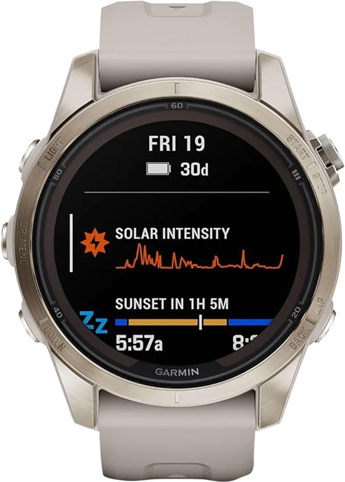 *Garmin Fēnix 7S Pro Sapphire Solar, Multisport GPS Smartwatch, Built-in Flashlight, Solar Charging Capability, Soft Gold with light sand band