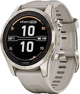 *Garmin Fēnix 7S Pro Sapphire Solar, Multisport GPS Smartwatch, Built-in Flashlight, Solar Charging Capability, Soft Gold with light sand band
