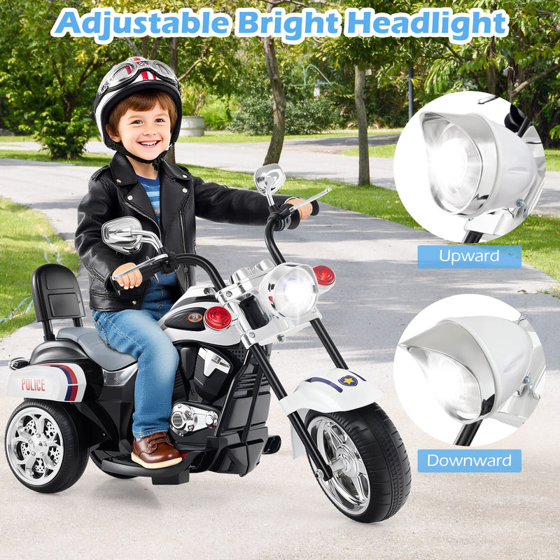 6V Powered Toddler 3-Wheel Motorbike Ride On Toy with Horn and Headlight-Black and White