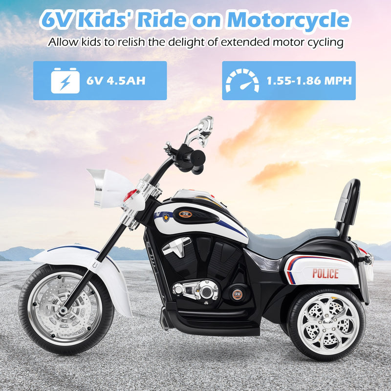 6V Powered Toddler 3-Wheel Motorbike Ride On Toy with Horn and Headlight-Black and White