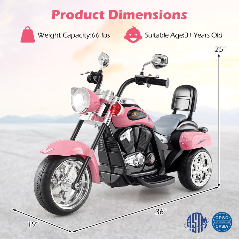 6V Powered Toddler 3-Wheel Motorbike Ride On Toy with Horn and Headlight-Heart Pink