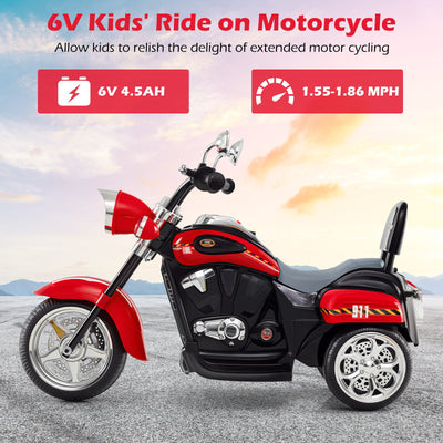 6V Powered Toddler 3-Wheel Motorbike Ride On Toy with Horn and Headlight-Black & Red