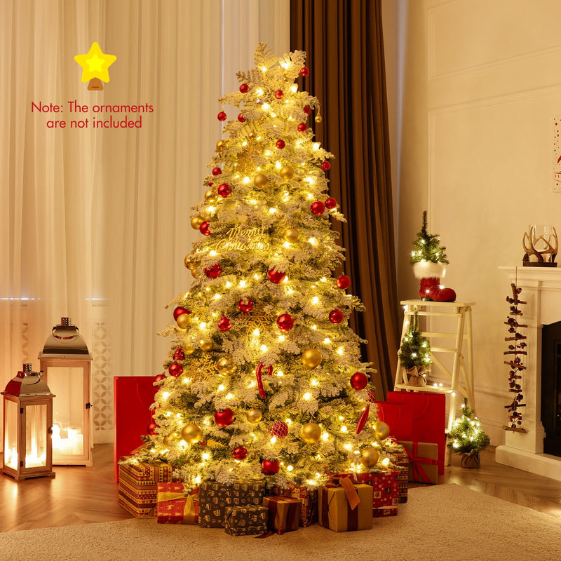 6/7 Feet Artificial Snow-flocked Christmas Tree Pre-lit Hinged Xmas Tree with 130 Twinkle Balls-6 Feet