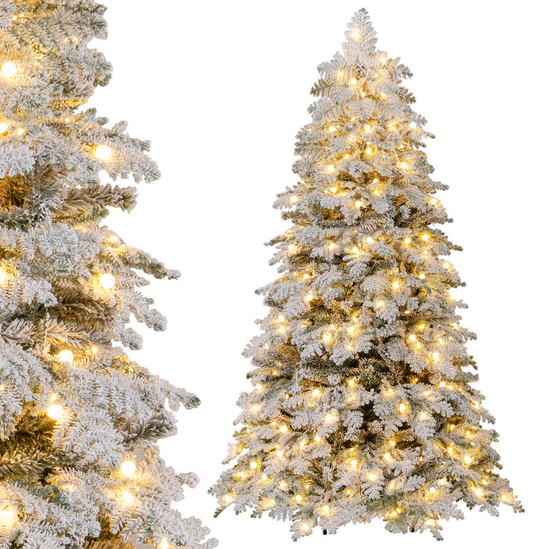 6/7 Feet Artificial Snow-flocked Christmas Tree Pre-lit Hinged Xmas Tree with 130 Twinkle Balls-6 Feet