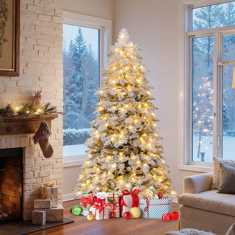 6/7 Feet Artificial Snow-flocked Christmas Tree Pre-lit Hinged Xmas Tree with 130 Twinkle Balls-6 Feet