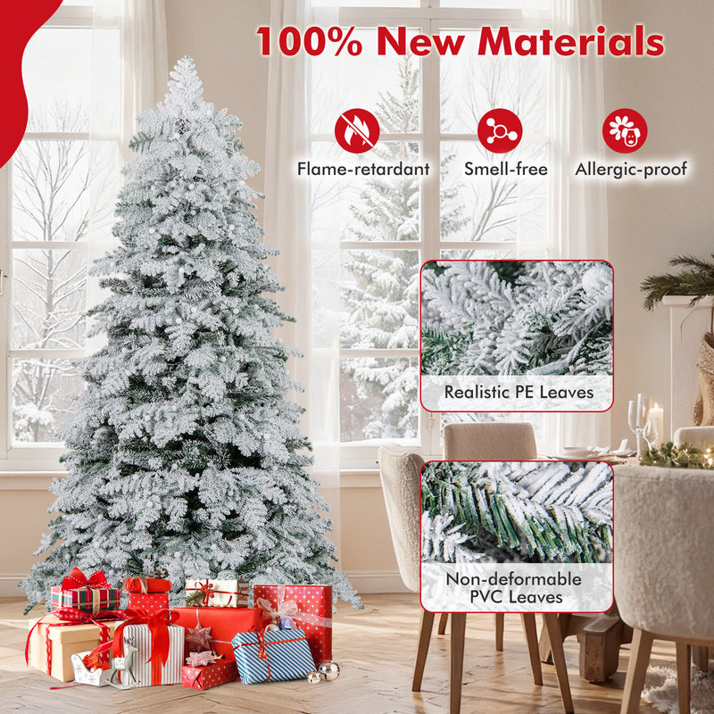 6/7 Feet Artificial Snow-flocked Christmas Tree Pre-lit Hinged Xmas Tree with 130 Twinkle Balls-6 Feet
