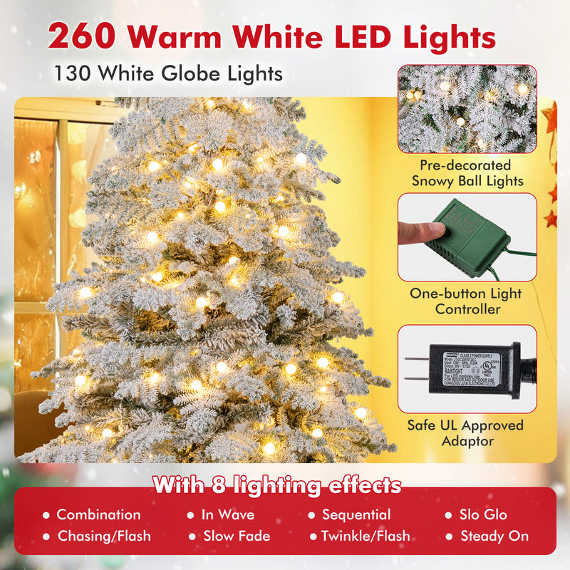 6/7 Feet Artificial Snow-flocked Christmas Tree Pre-lit Hinged Xmas Tree with 130 Twinkle Balls-6 Feet