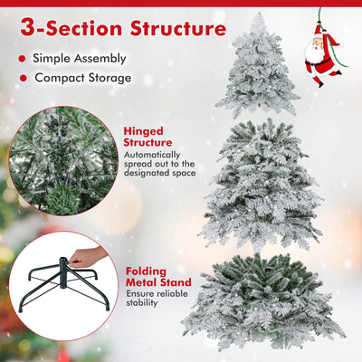 6/7 Feet Artificial Snow-flocked Christmas Tree Pre-lit Hinged Xmas Tree with 130 Twinkle Balls-6 Feet