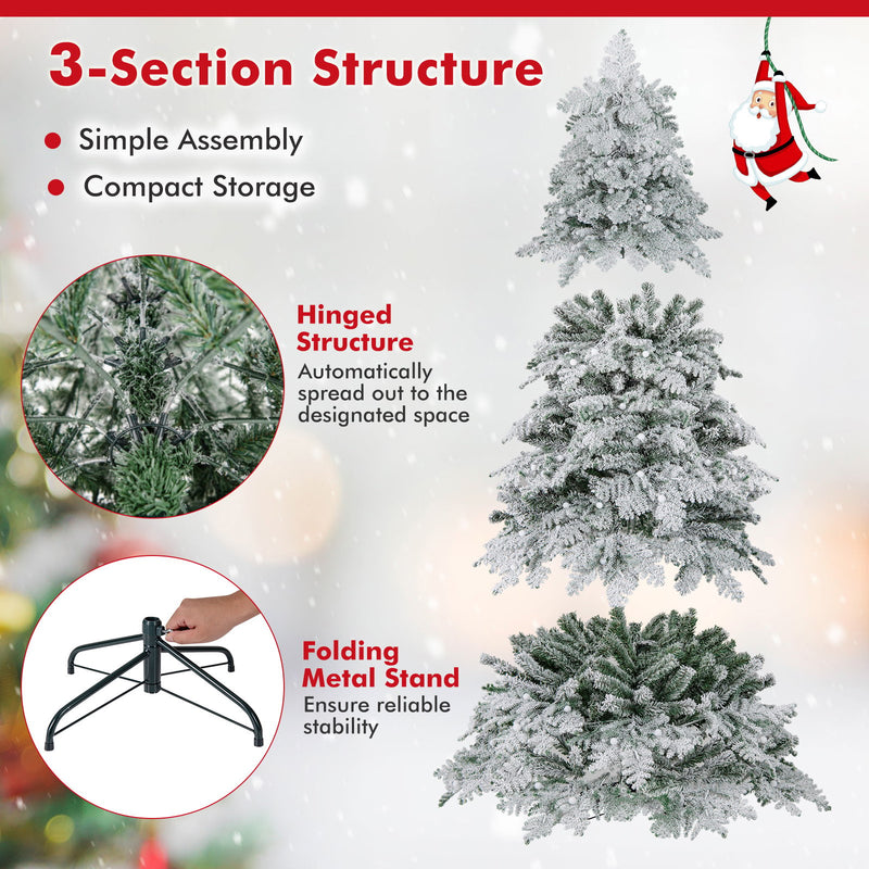 6/7 Feet Artificial Snow-flocked Christmas Tree Pre-lit Hinged Xmas Tree with 130 Twinkle Balls-6 Feet