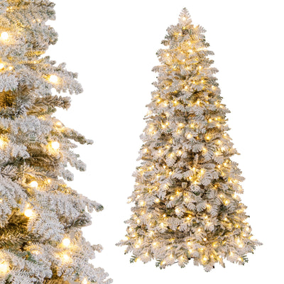 6/7 Feet Artificial Snow-flocked Christmas Tree Pre-lit Hinged Xmas Tree with 130 Twinkle Balls-7 Feet