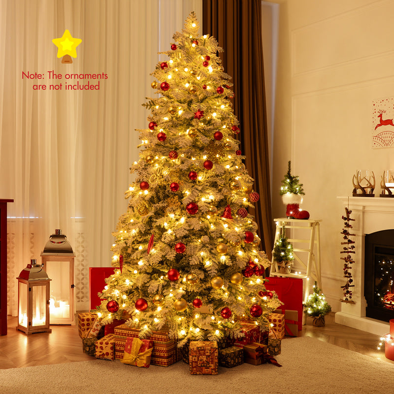 6/7 Feet Artificial Snow-flocked Christmas Tree Pre-lit Hinged Xmas Tree with 130 Twinkle Balls-7 Feet