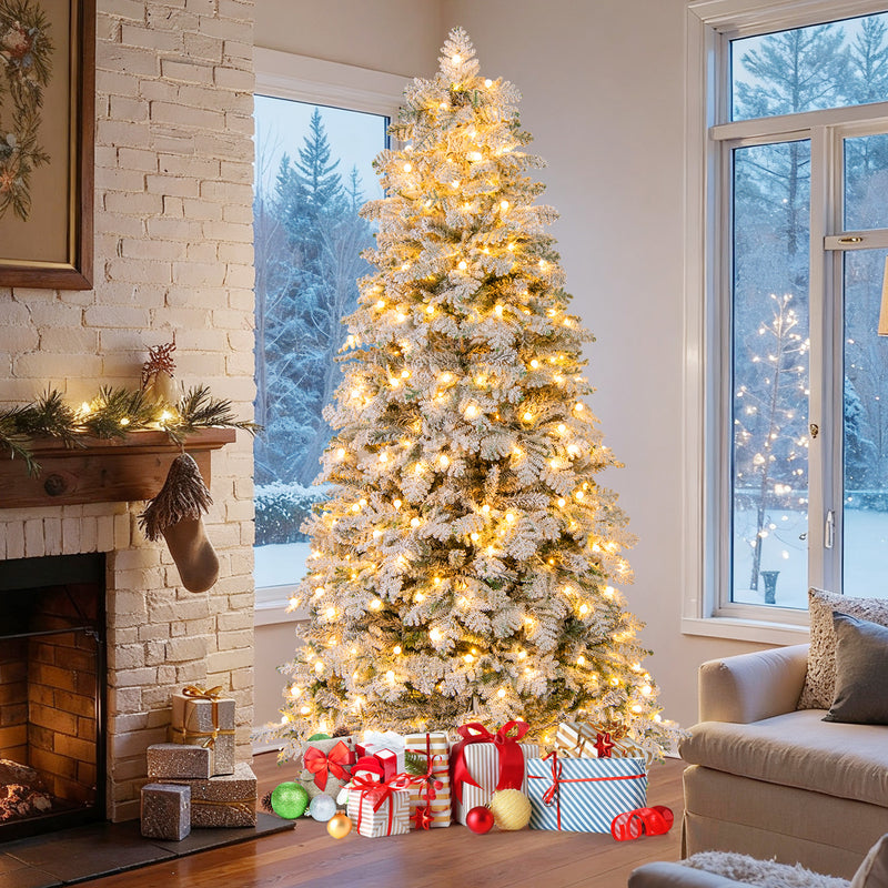 6/7 Feet Artificial Snow-flocked Christmas Tree Pre-lit Hinged Xmas Tree with 130 Twinkle Balls-7 Feet