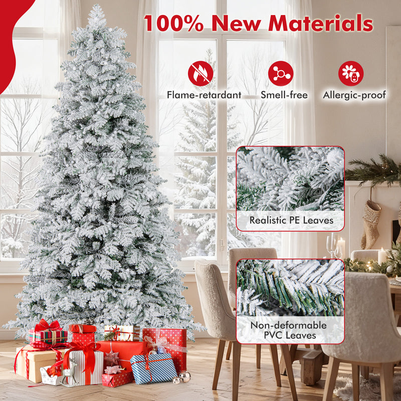 6/7 Feet Artificial Snow-flocked Christmas Tree Pre-lit Hinged Xmas Tree with 130 Twinkle Balls-7 Feet