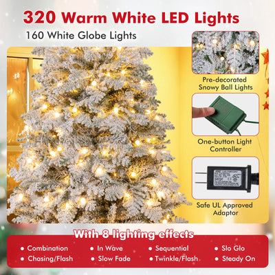 6/7 Feet Artificial Snow-flocked Christmas Tree Pre-lit Hinged Xmas Tree with 130 Twinkle Balls-7 Feet