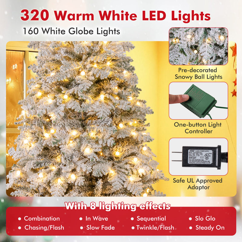 6/7 Feet Artificial Snow-flocked Christmas Tree Pre-lit Hinged Xmas Tree with 130 Twinkle Balls-7 Feet