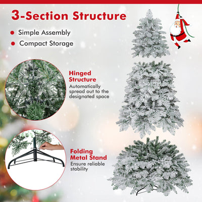 6/7 Feet Artificial Snow-flocked Christmas Tree Pre-lit Hinged Xmas Tree with 130 Twinkle Balls-7 Feet
