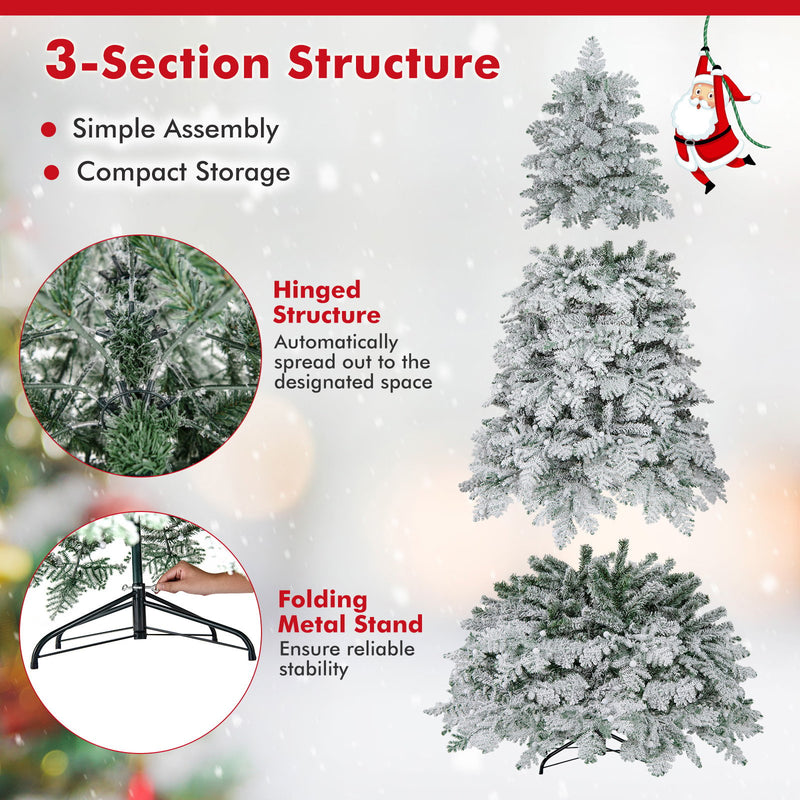 6/7 Feet Artificial Snow-flocked Christmas Tree Pre-lit Hinged Xmas Tree with 130 Twinkle Balls-7 Feet
